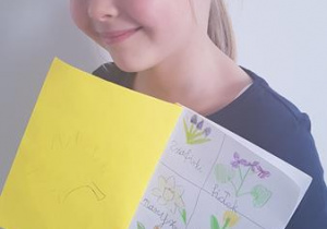 Basia pokazuje kartę z kwiatami i ich podpisy.